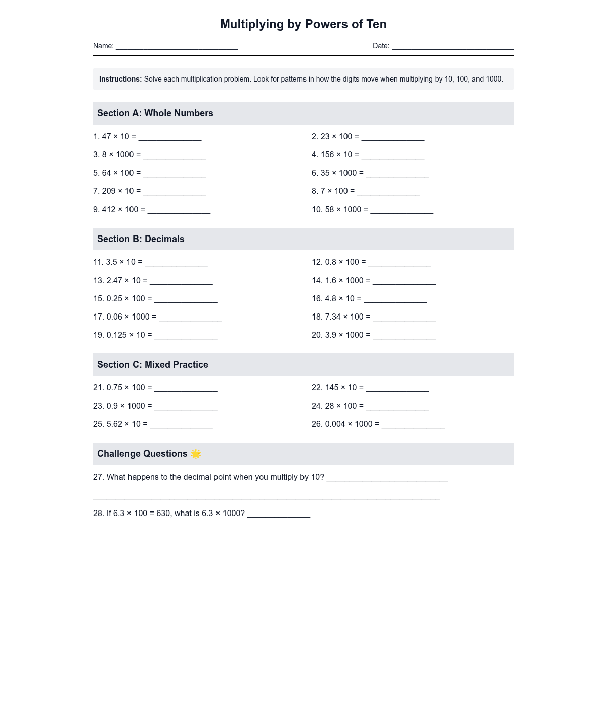Multiplying by Powers of Ten