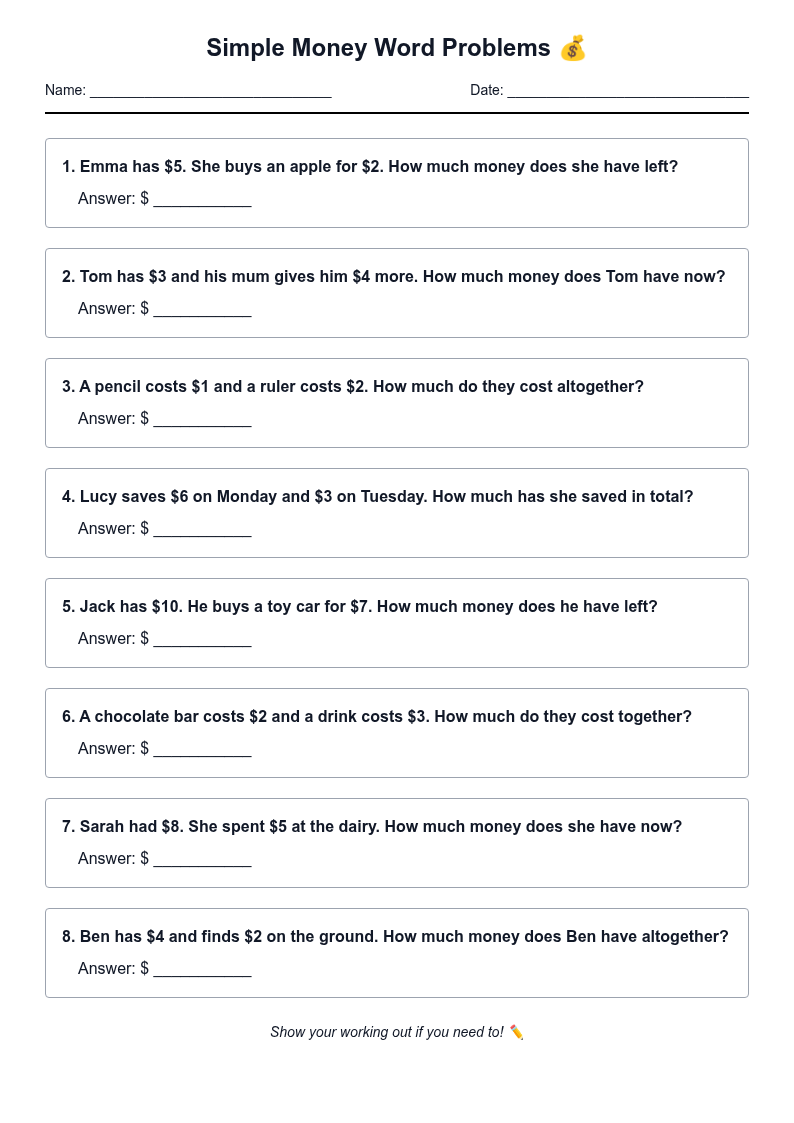 Simple Money Word Problems