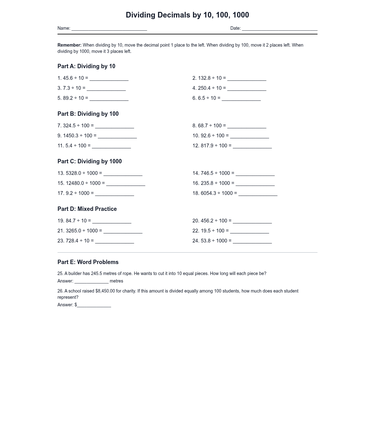 Dividing Decimals by 10, 100, 1000