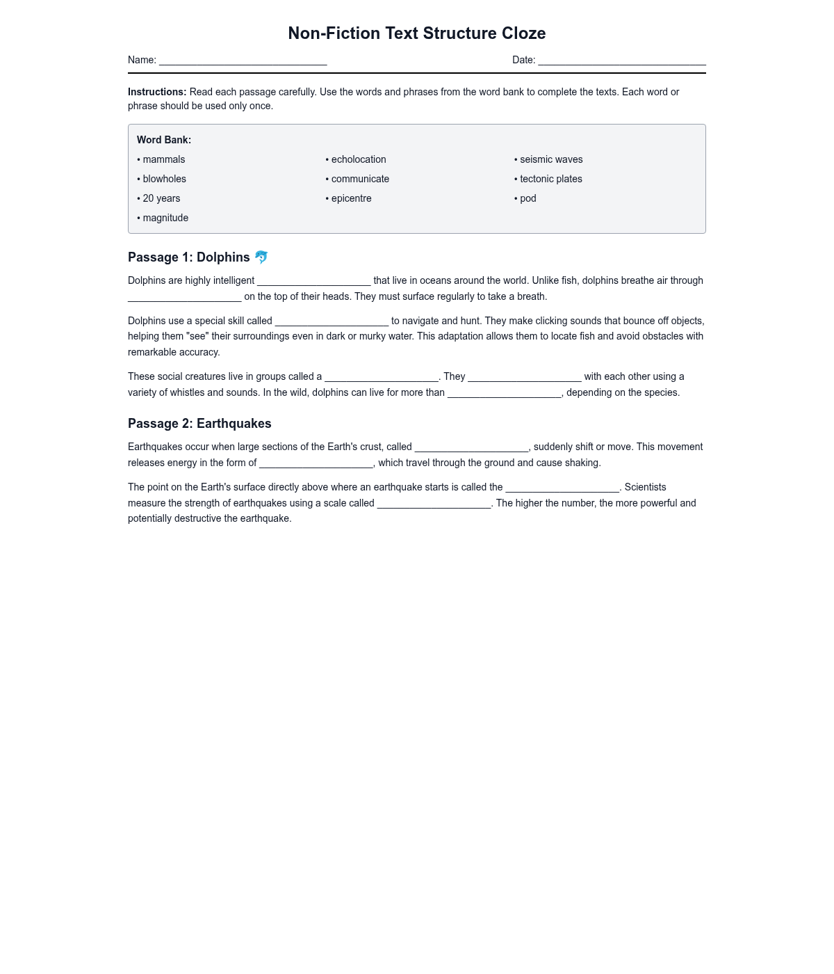 Non-Fiction Text Structure Cloze