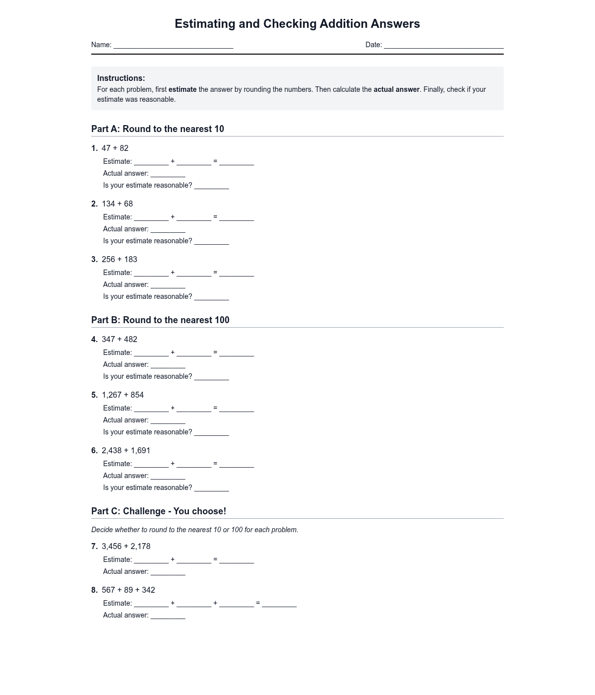 Estimating and Checking Addition Answers