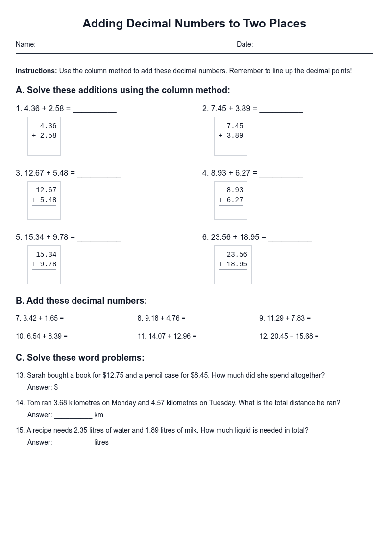 Adding Decimal Numbers to Two Places