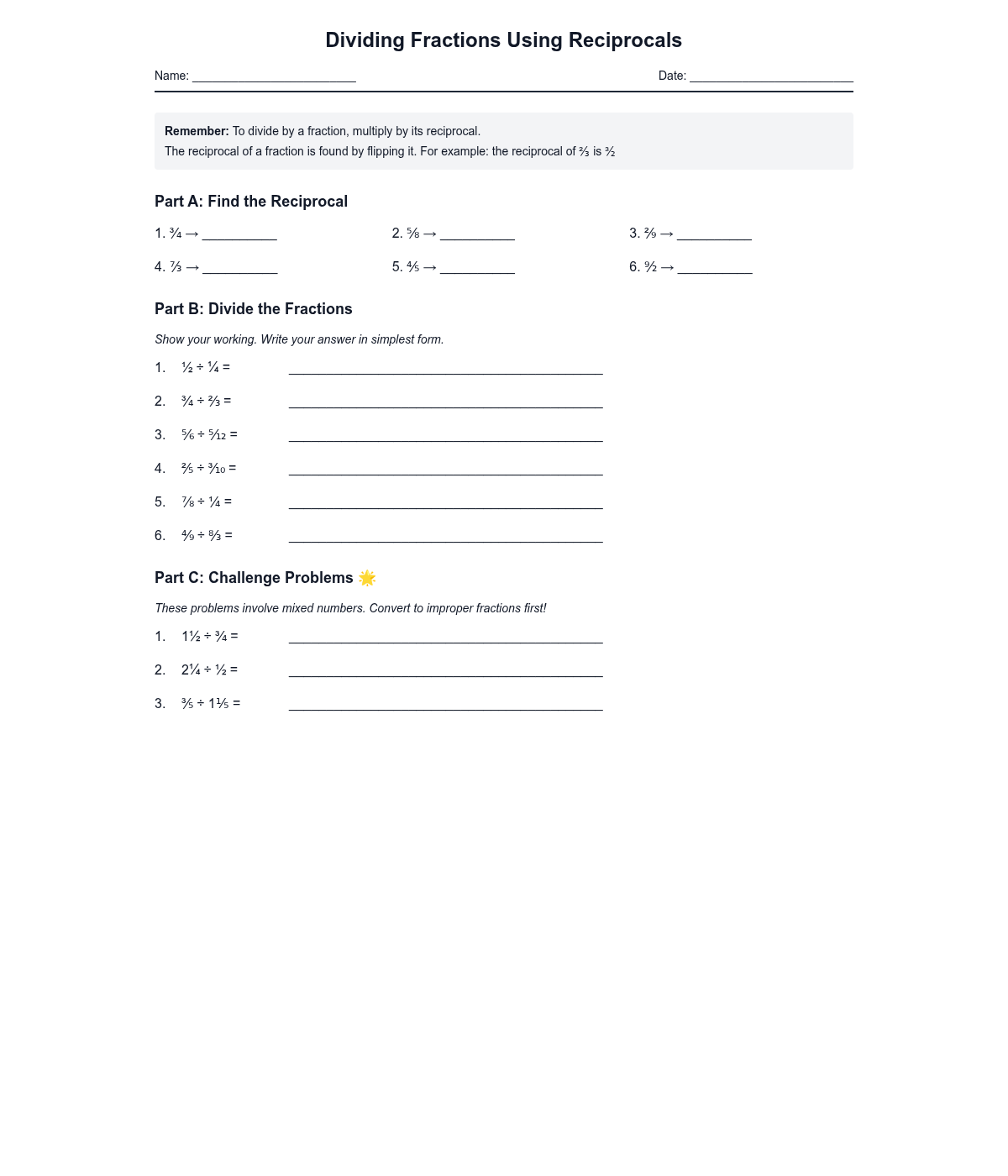 Dividing Fractions Using Reciprocals