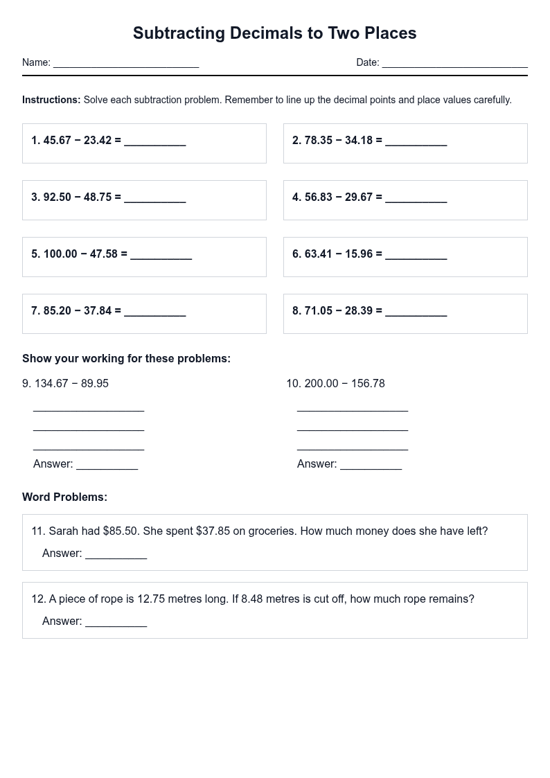 Subtracting Decimals to Two Places