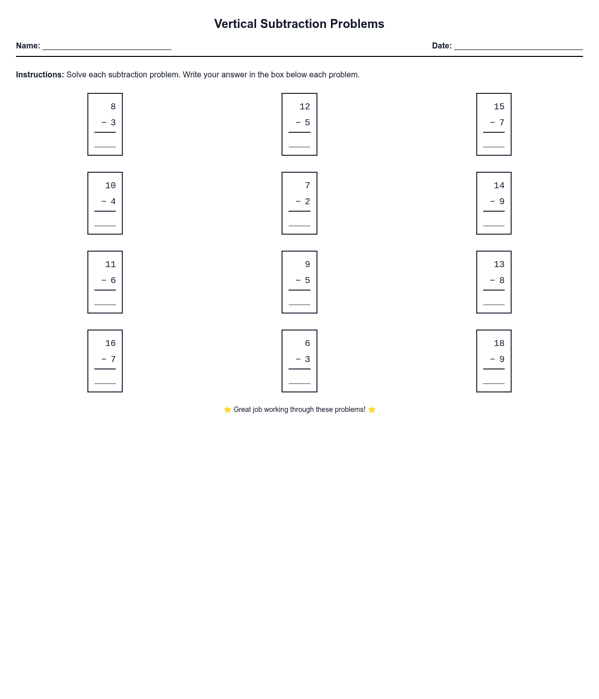 Vertical Subtraction Problems