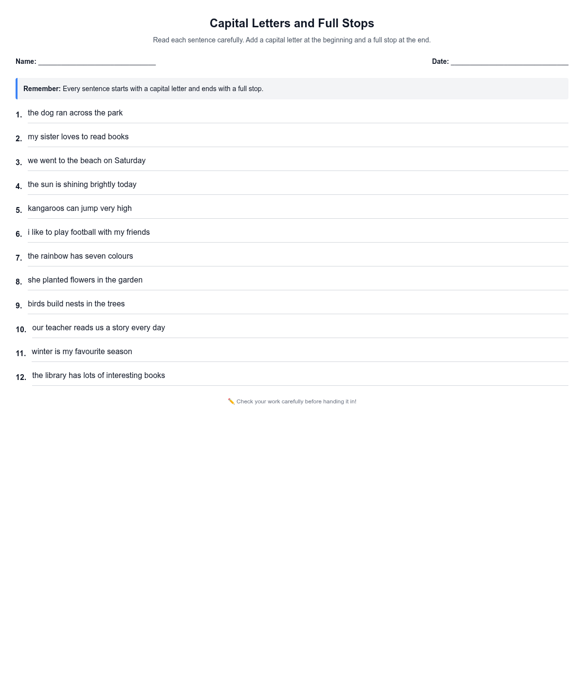 Capital Letters and Full Stops Practice