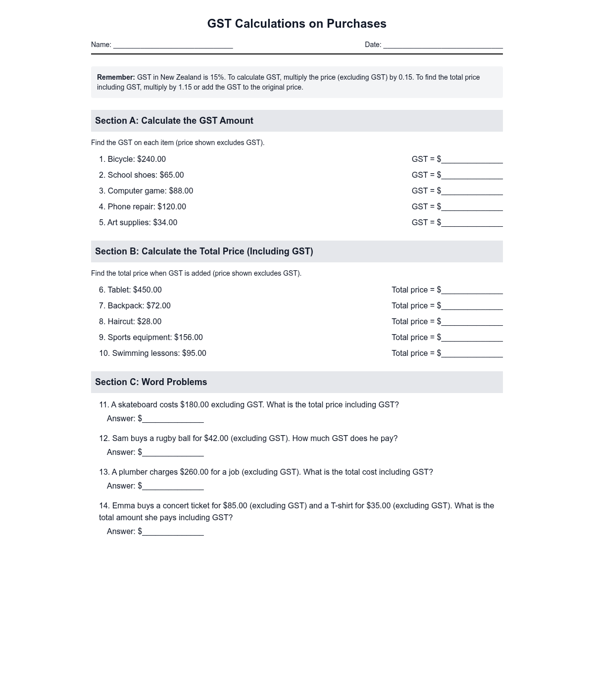 GST Calculations on Purchases