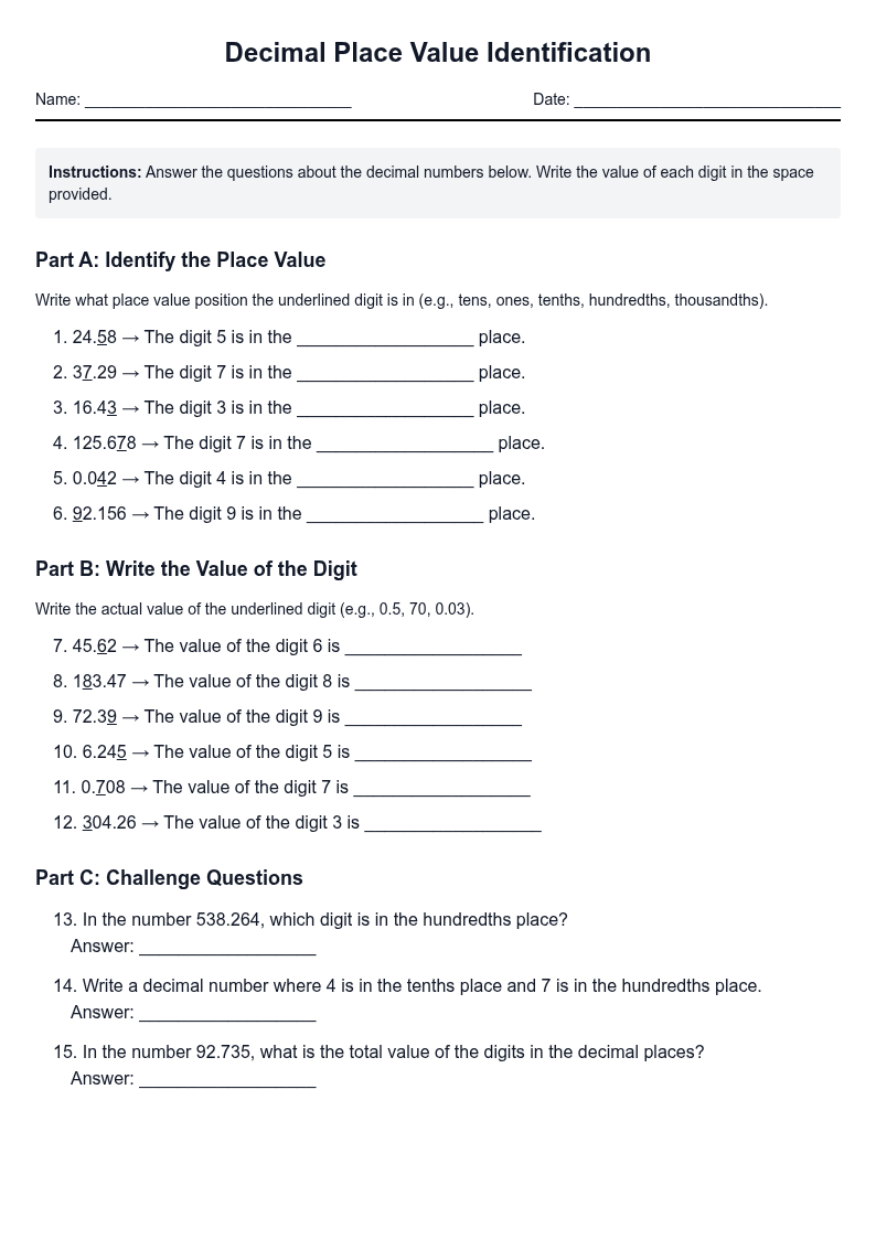 Decimal Place Value Identification