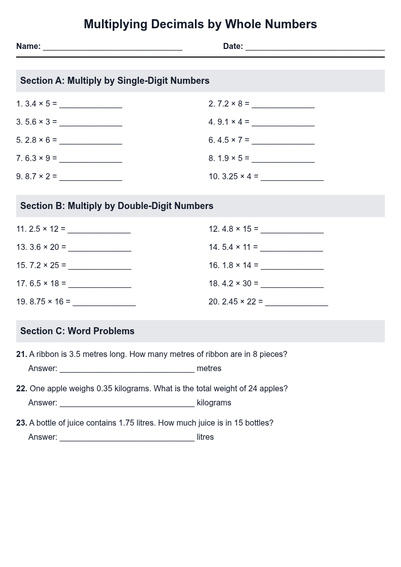 Multiplying Decimals by Whole Numbers