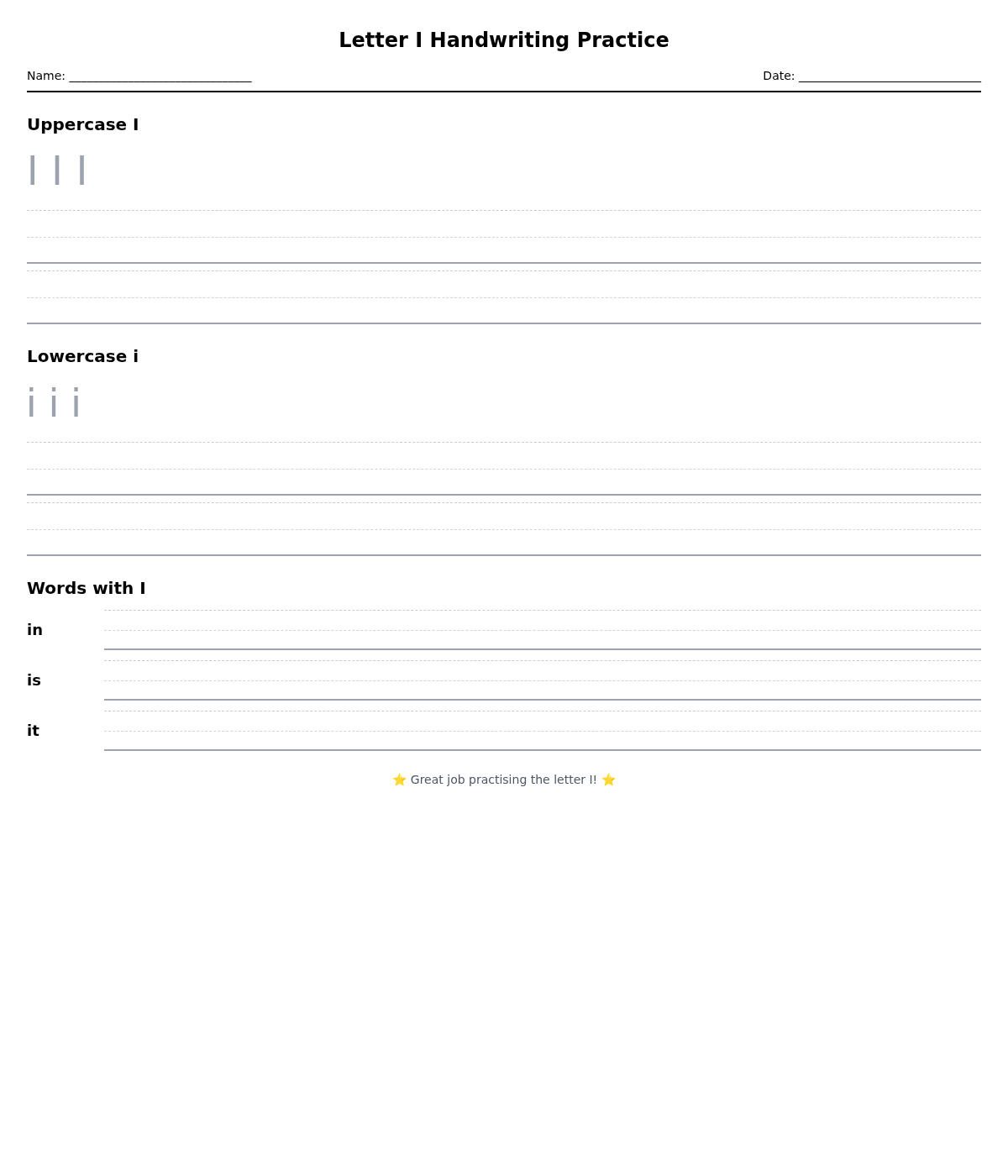 Letter I Handwriting Practice
