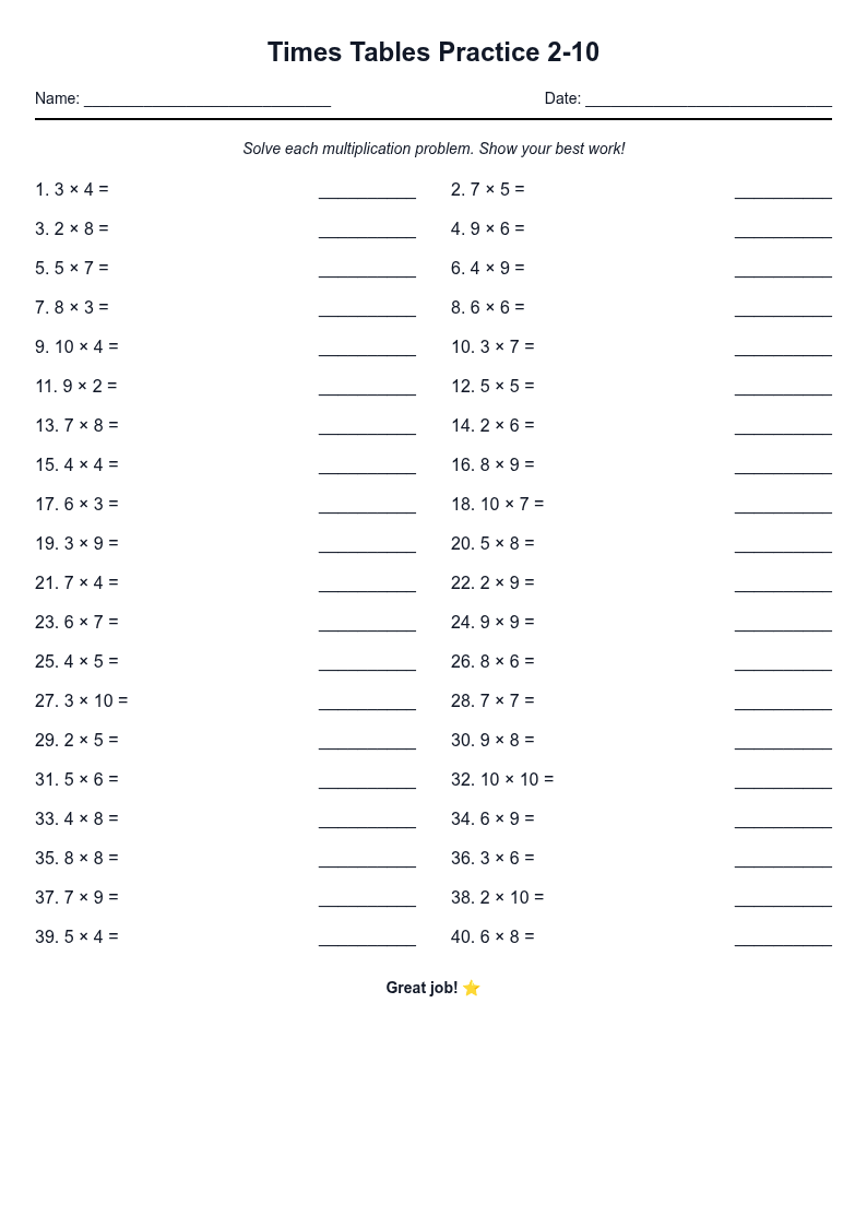 Times Tables Practice 2-10