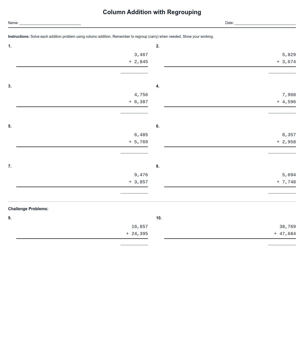Column Addition with Regrouping