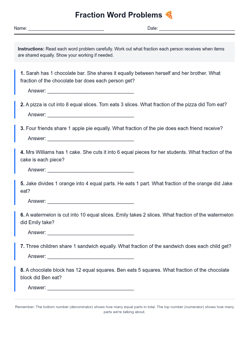 Fraction Word Problems - Sharing Equally