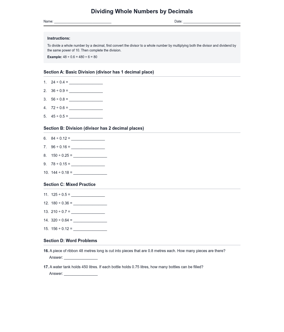 Dividing Whole Numbers by Decimals