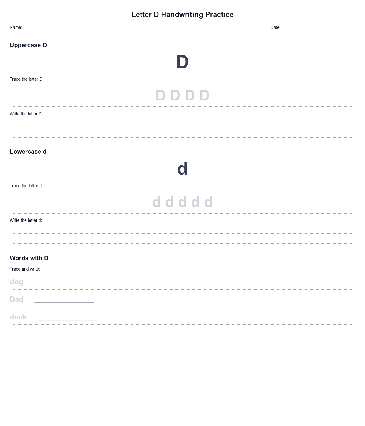 Letter D Handwriting Practice