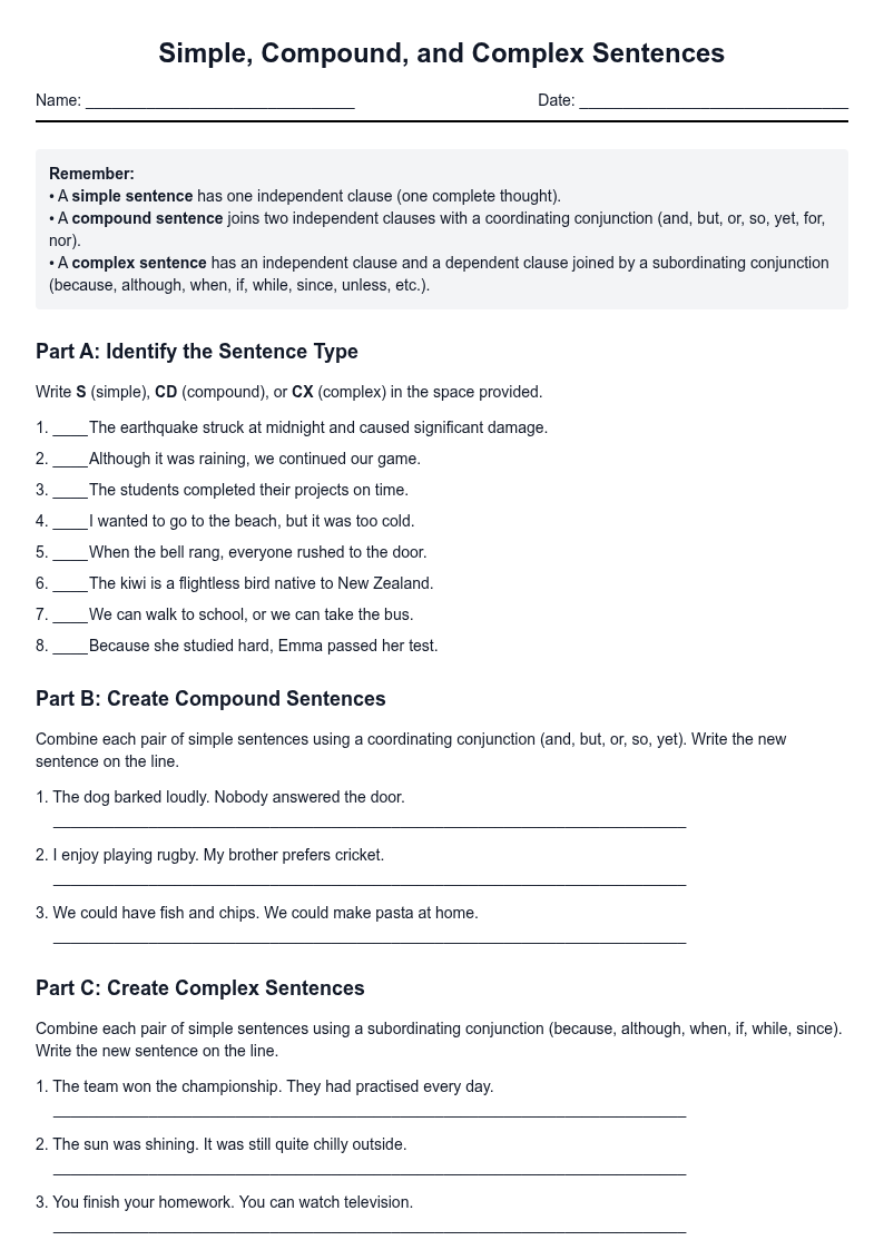 Simple, Compound, and Complex Sentences
