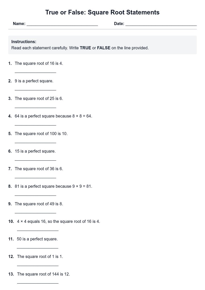 True or False Square Root Statements