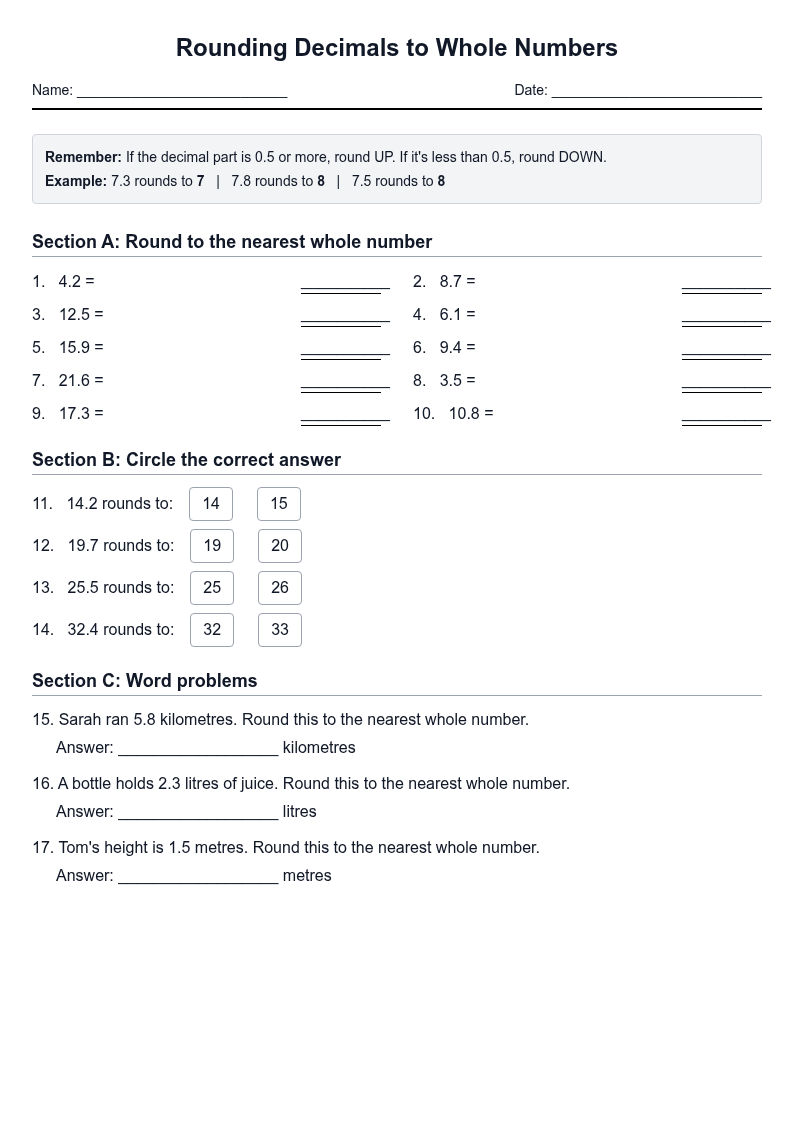 Rounding Decimals to Whole Numbers