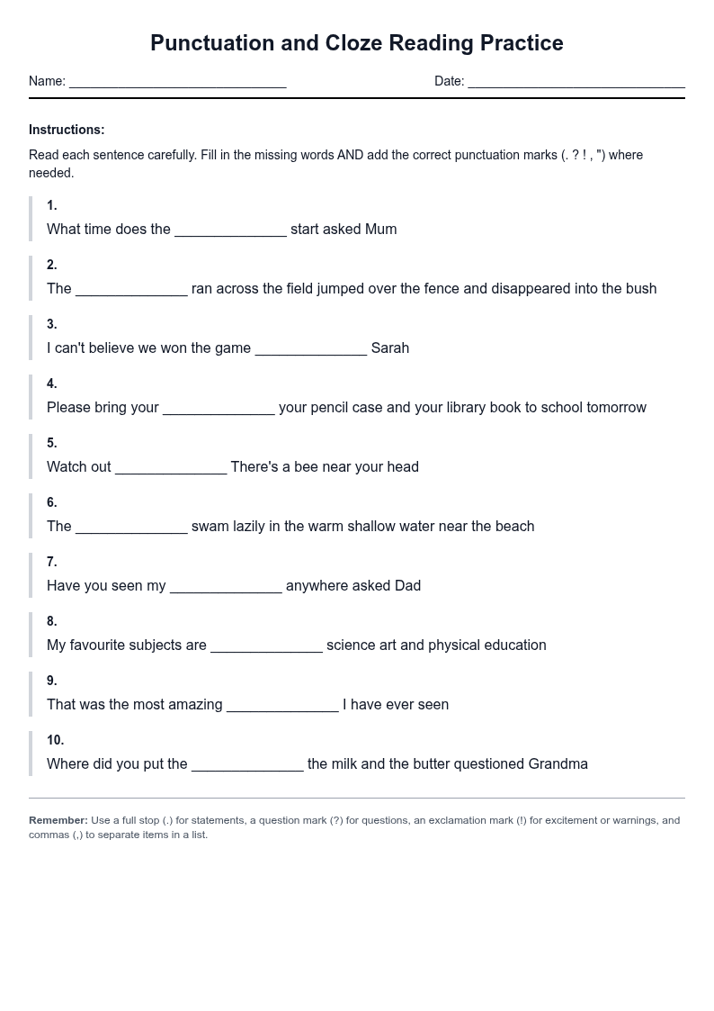 Punctuation and Cloze Reading Practice
