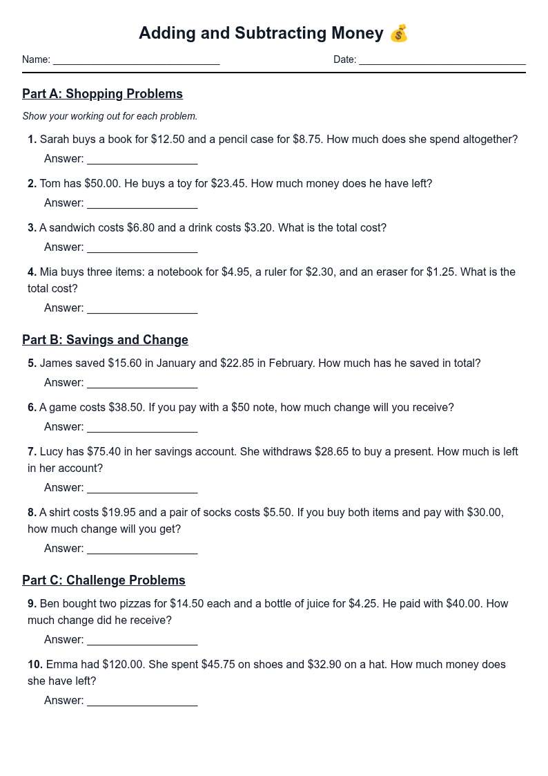 Adding and Subtracting Money