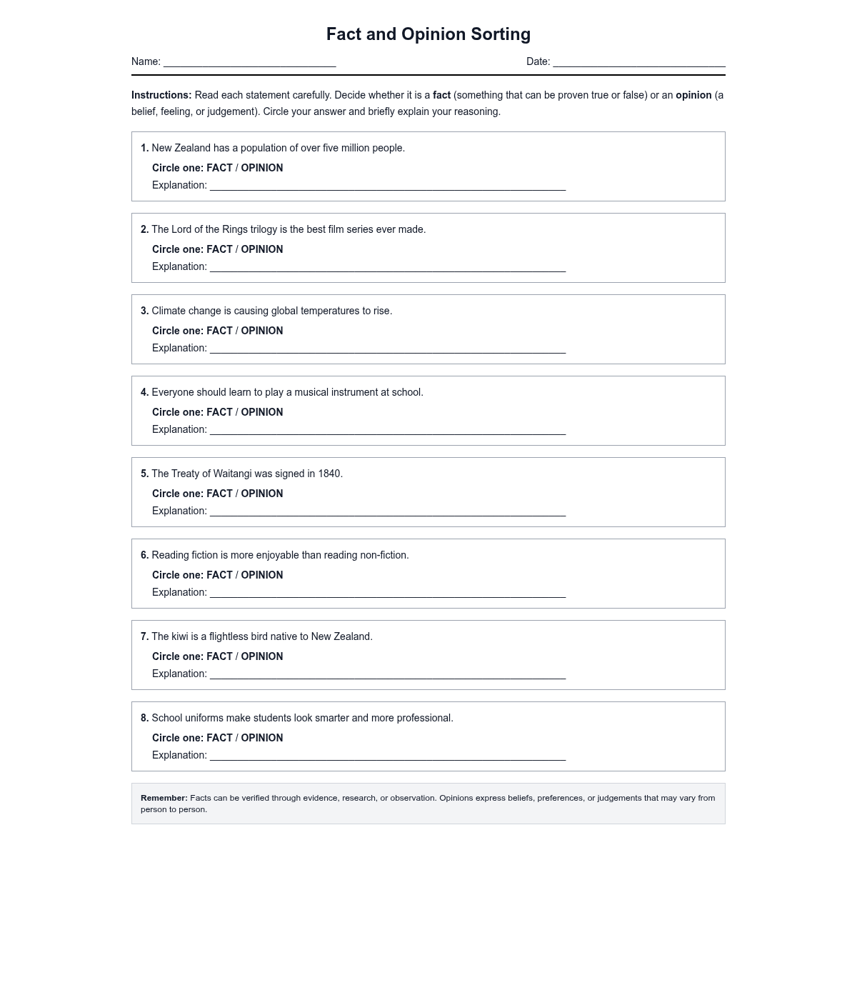 Fact and Opinion Sorting Worksheet