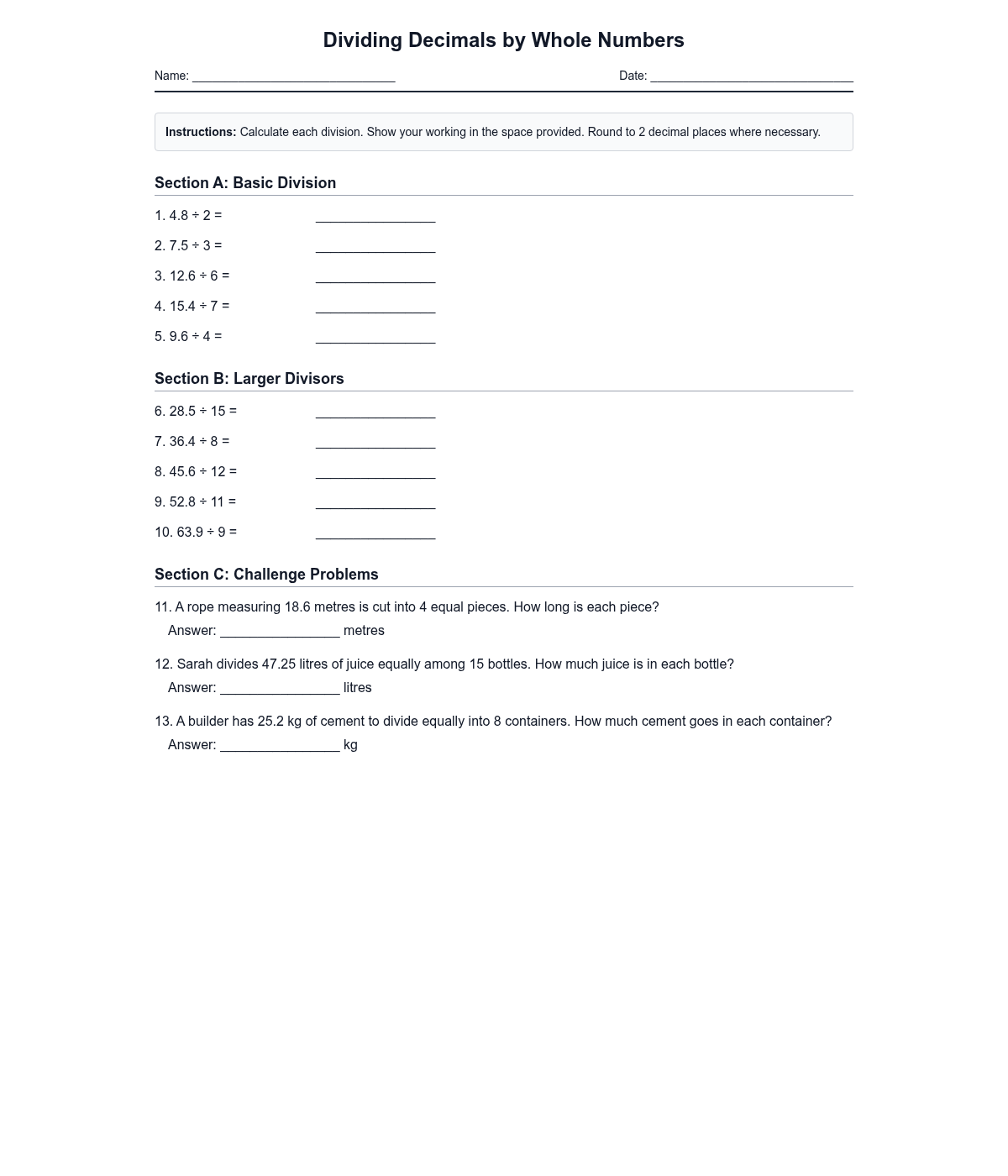 Dividing Decimals by Whole Numbers