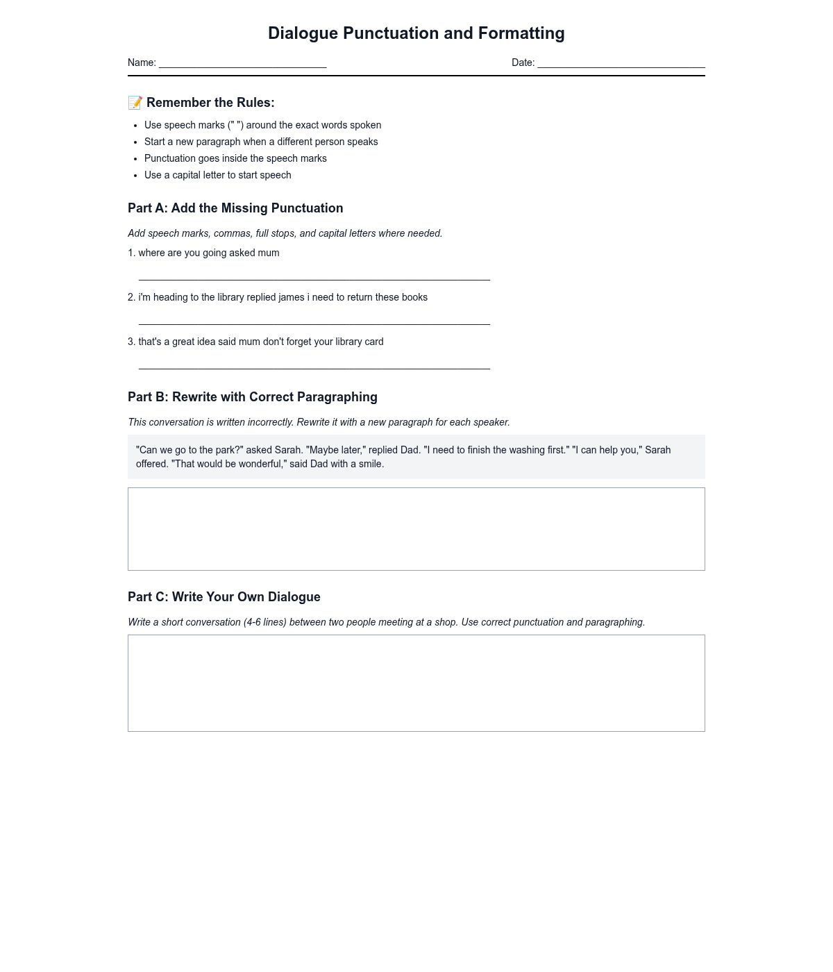 Dialogue Punctuation and Formatting Practice