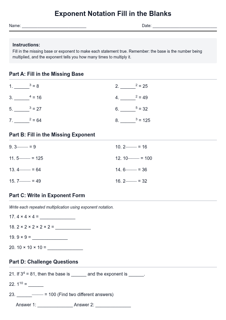 Exponent Notation Fill in the Blanks