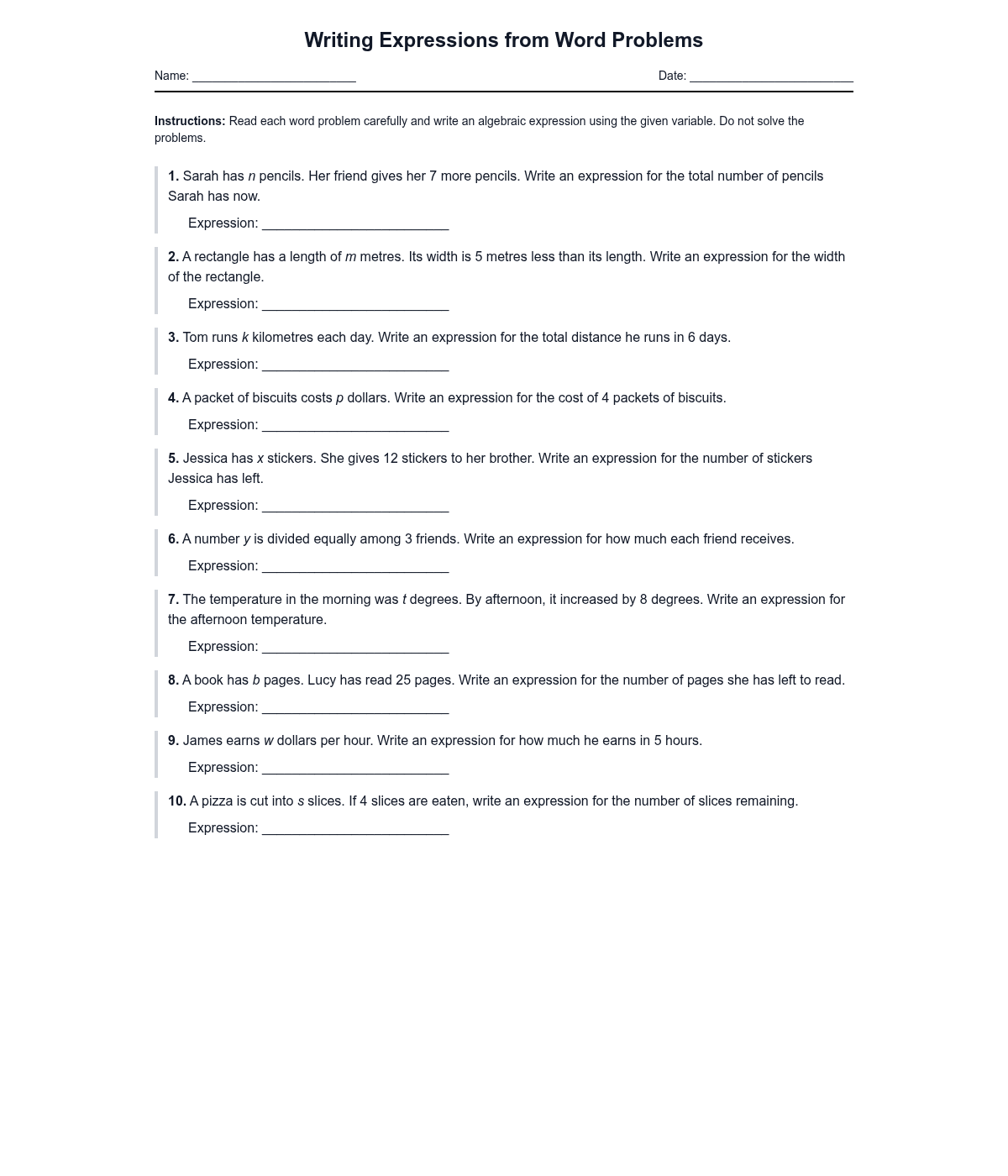 Writing Expressions from Word Problems