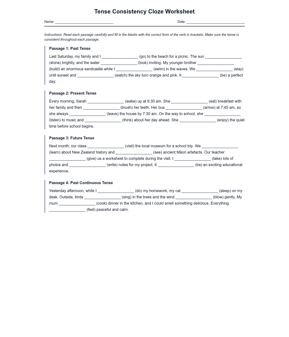 Tense Consistency Cloze Worksheet