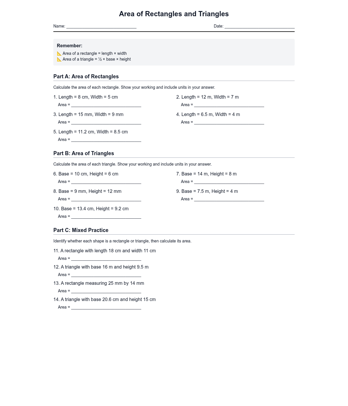 Area of Rectangles and Triangles