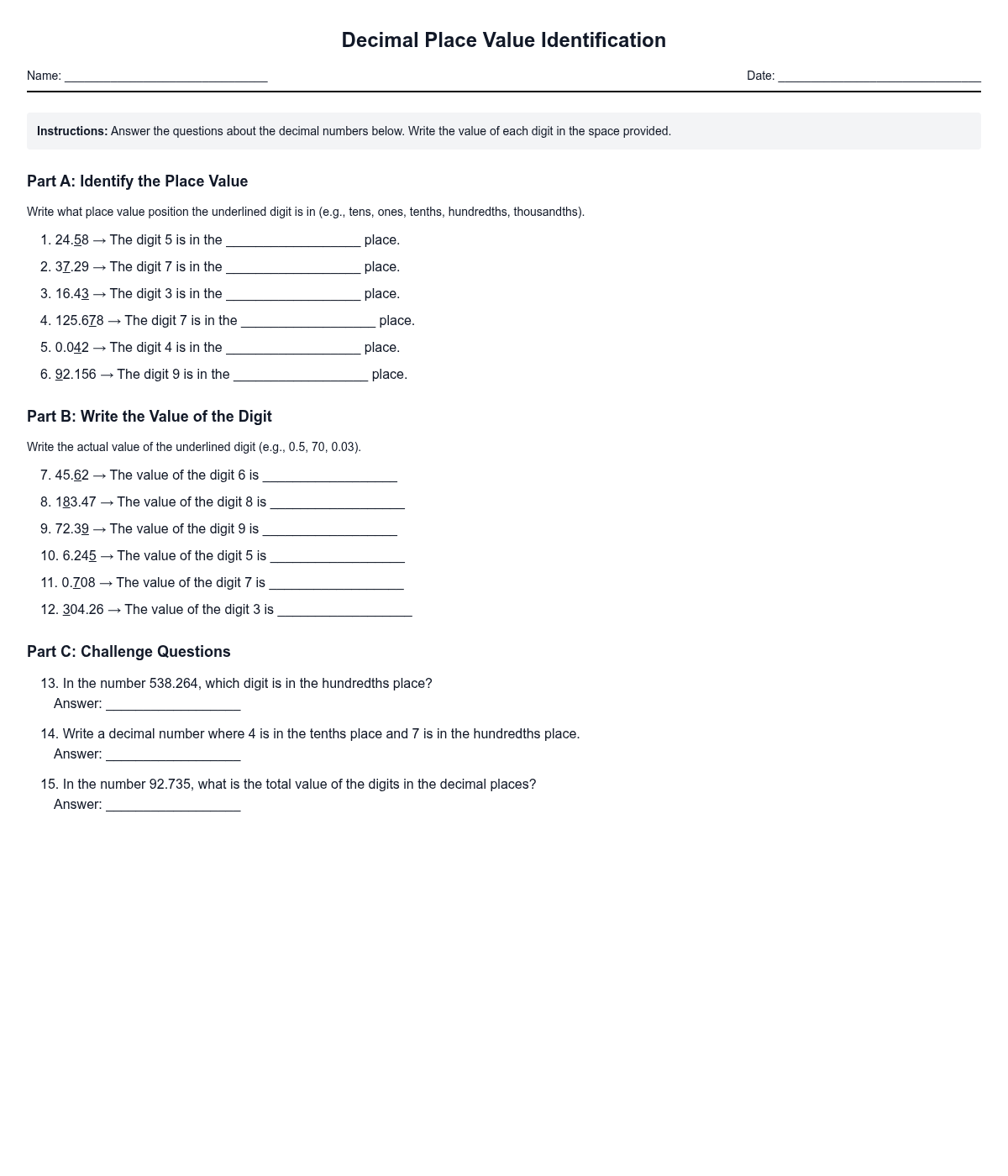 Decimal Place Value Identification