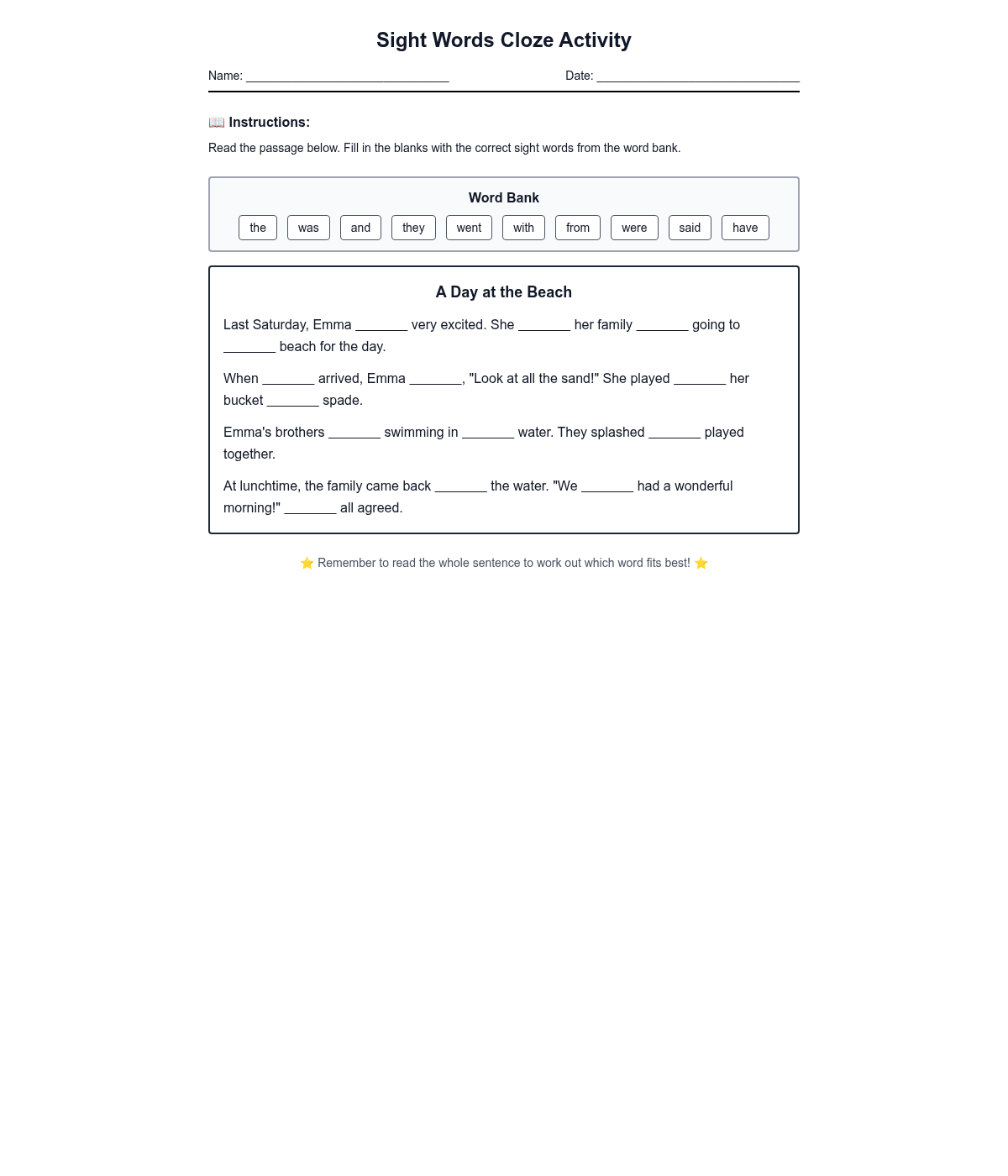 Sight Words Cloze Activity
