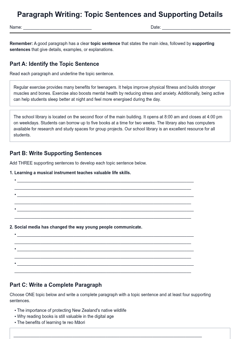 Paragraph Writing: Topic Sentences and Supporting Details