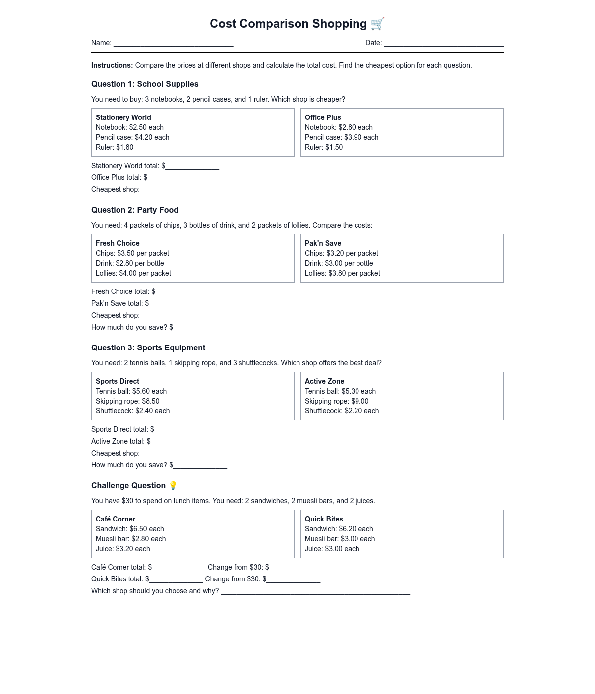 Cost Comparison Shopping