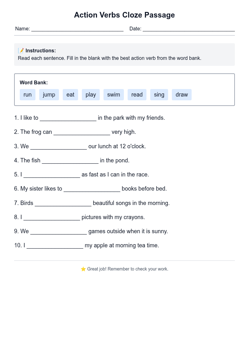 Action Verbs Cloze Passage