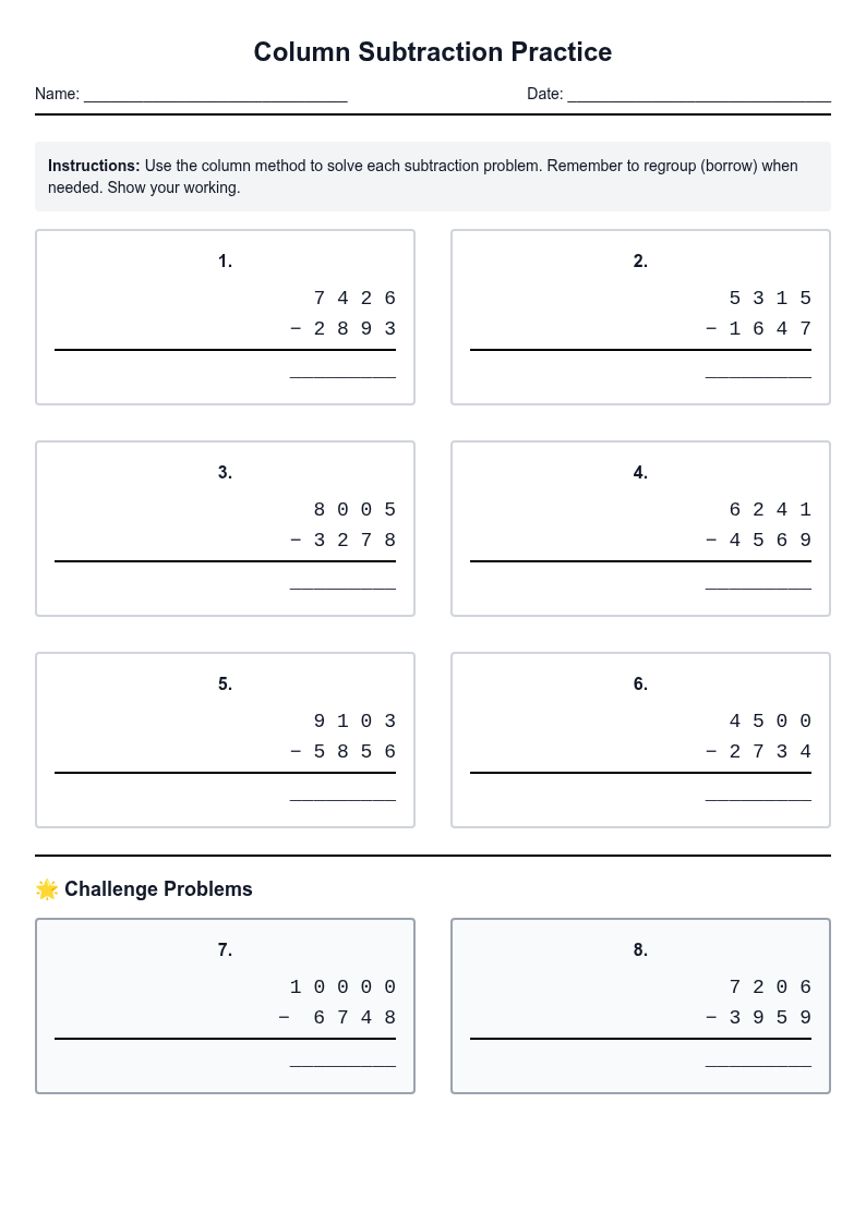 Column Subtraction Practice