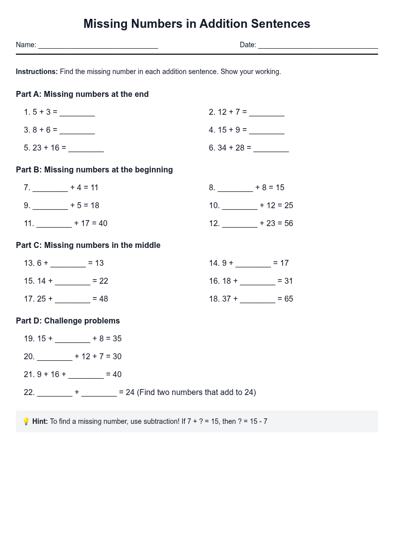 Missing Numbers in Addition Sentences