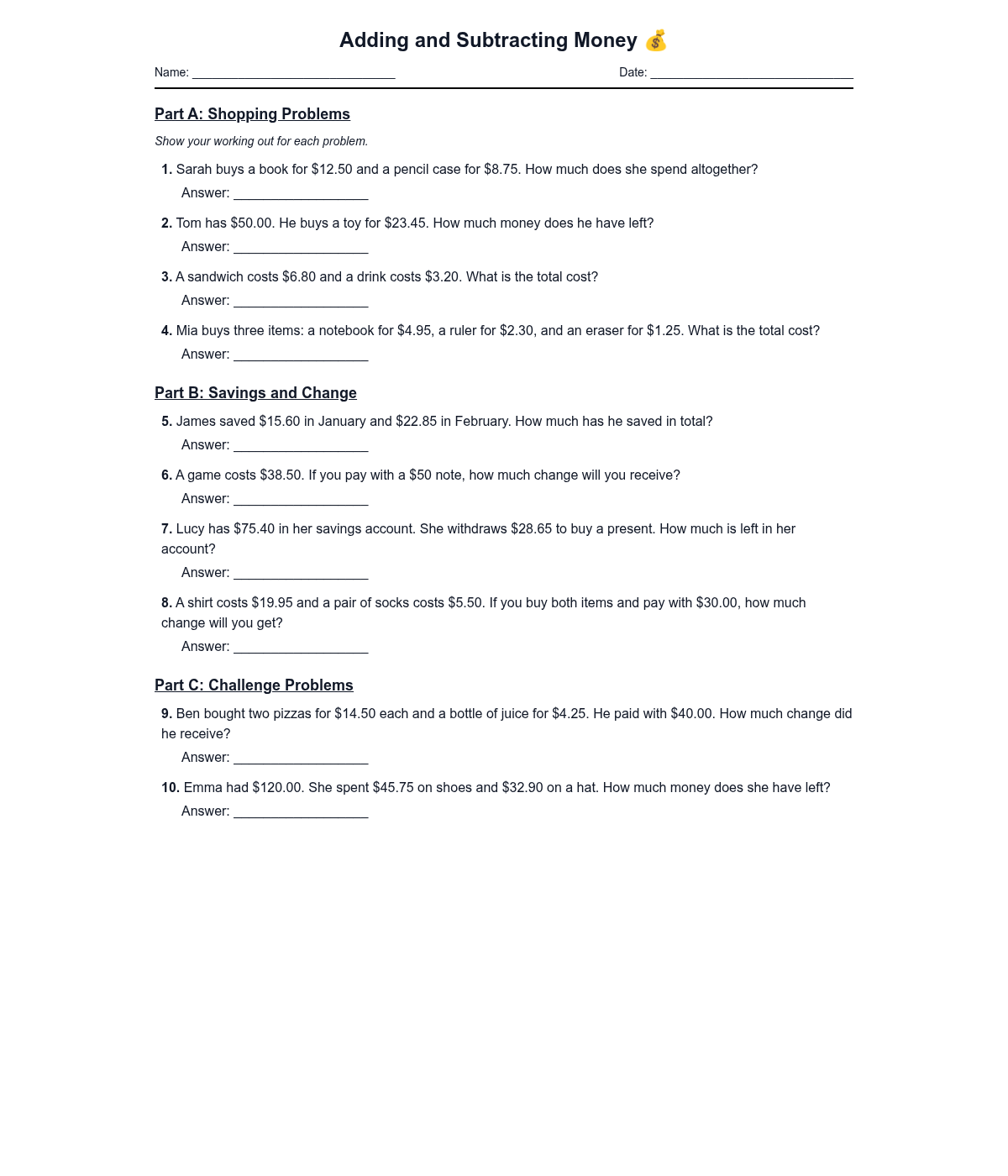 Adding and Subtracting Money