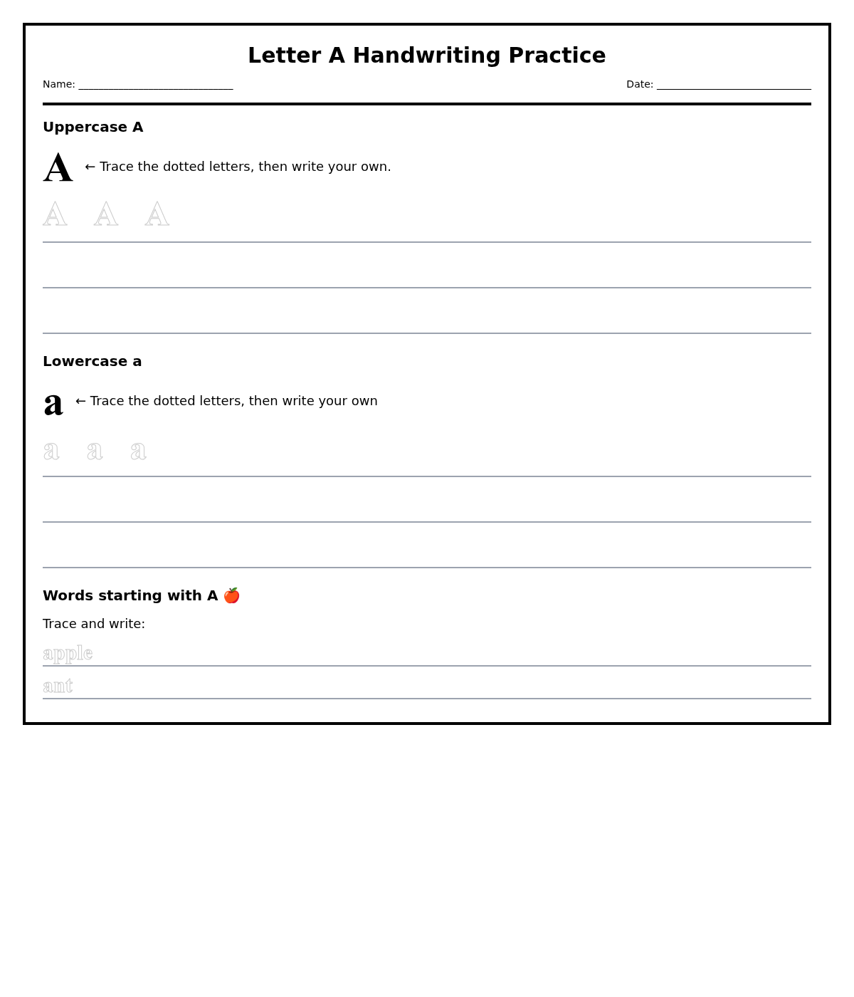 Letter A Handwriting Practice