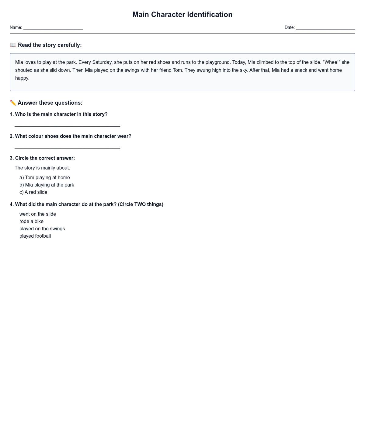 Main Character Identification Worksheet
