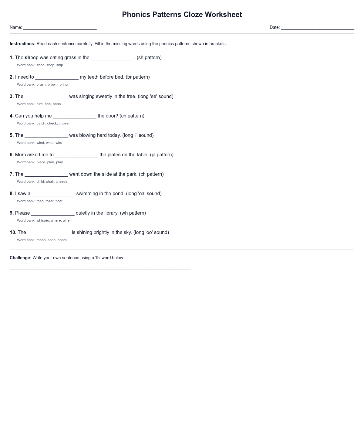Phonics Patterns Cloze Worksheet
