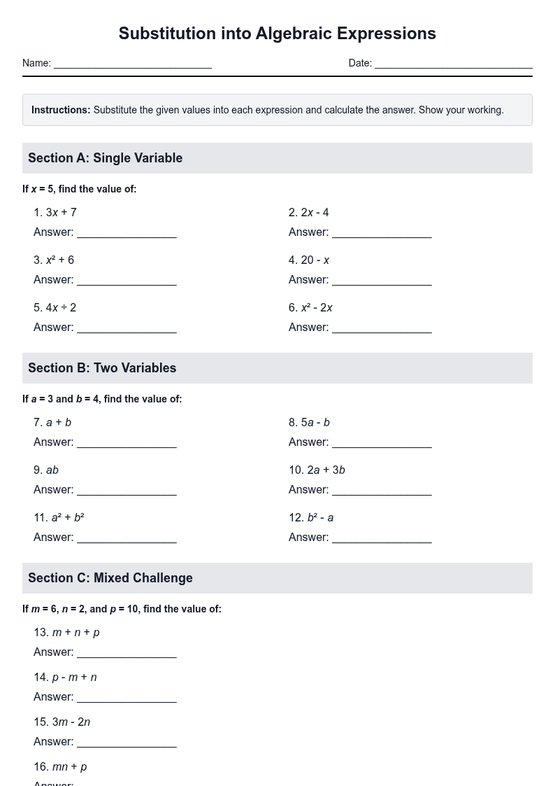 Substitution into Algebraic Expressions