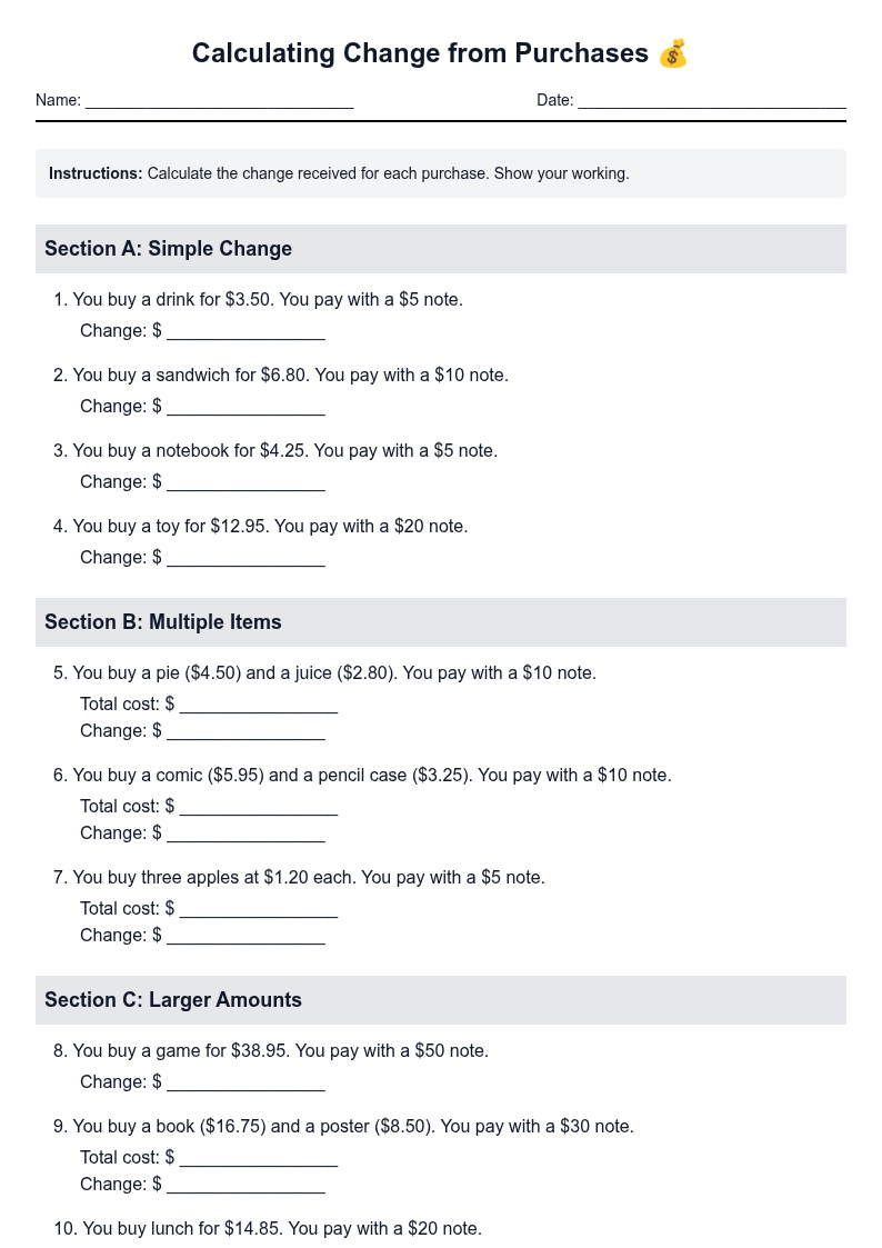 Calculating Change from Purchases