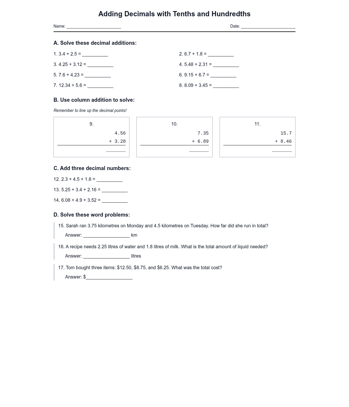 Adding Decimals with Tenths and Hundredths