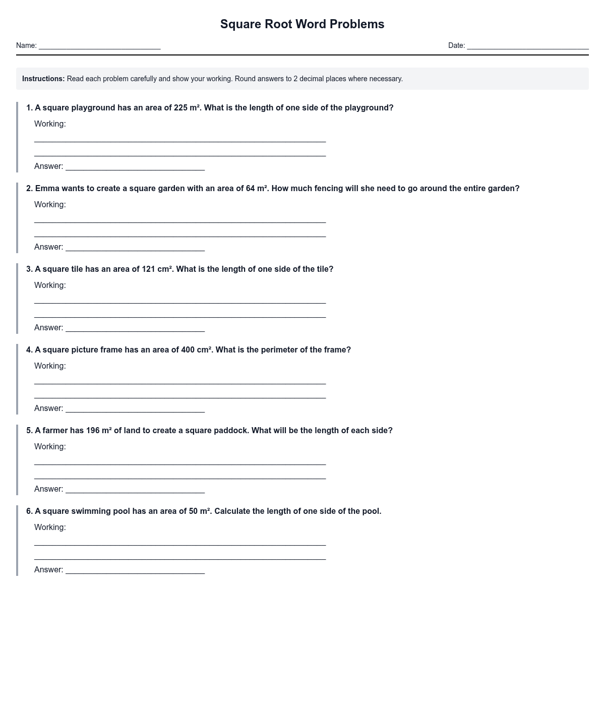 Square Root Word Problems