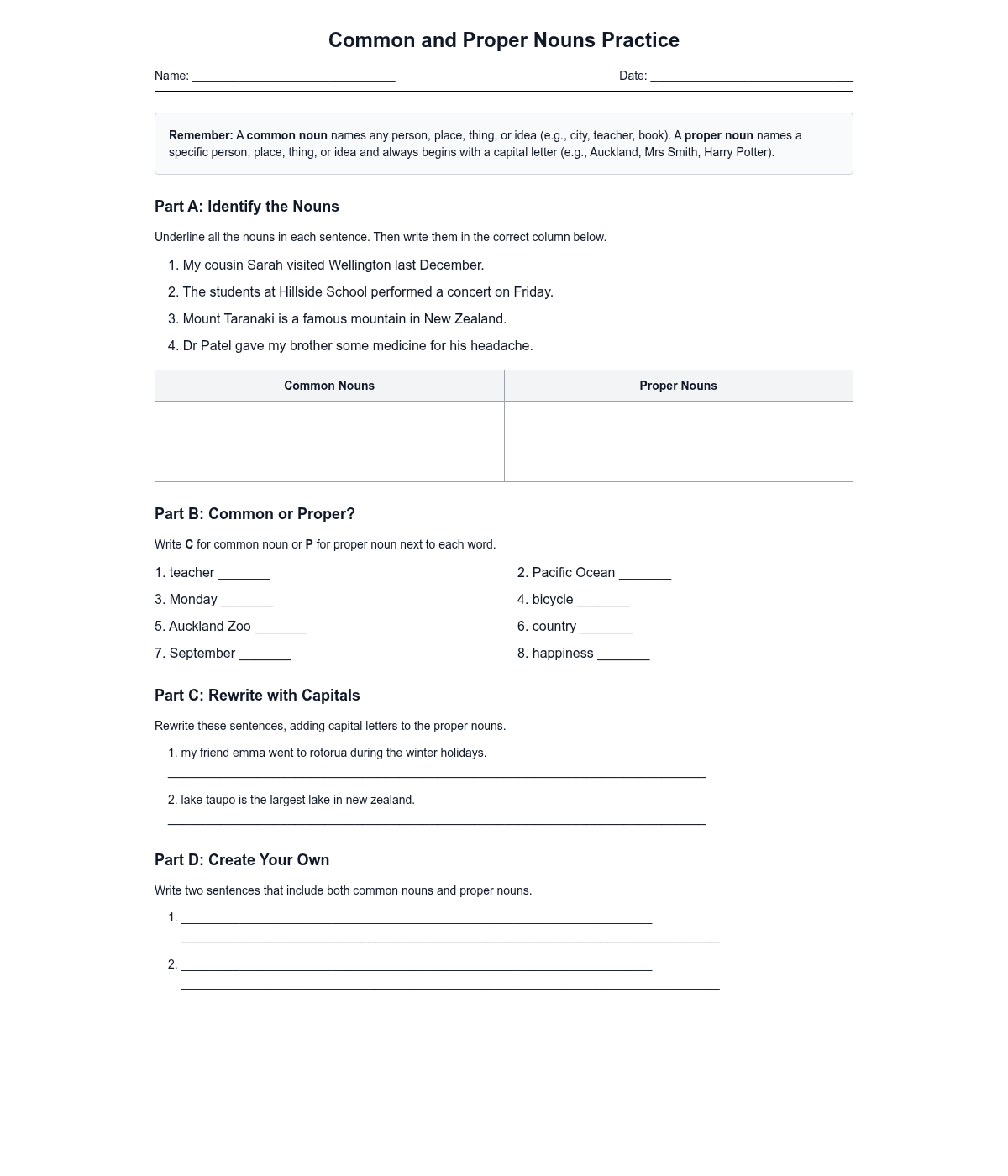 Common and Proper Nouns Practice