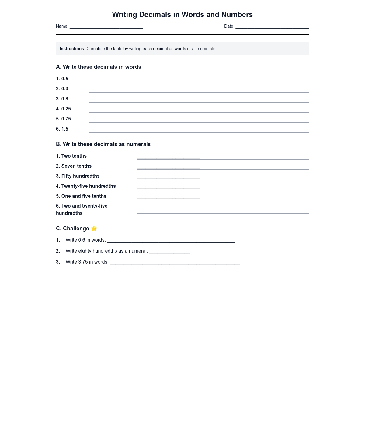 Writing Decimals in Words and Numbers