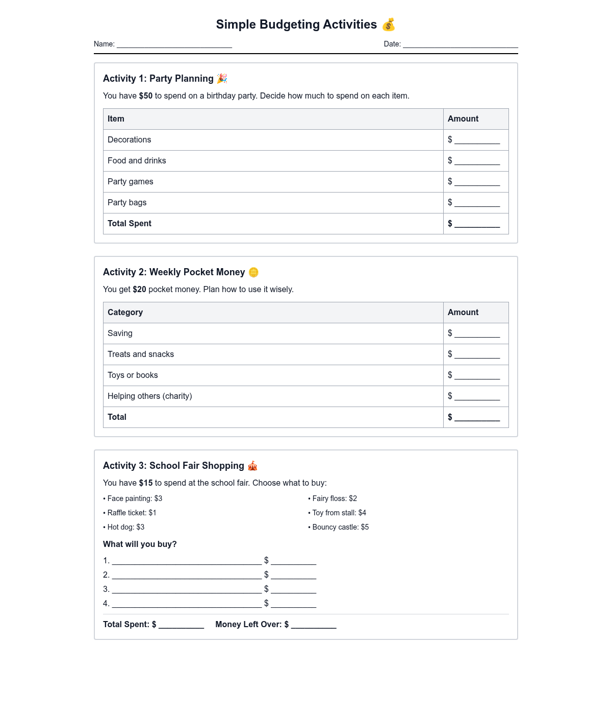 Simple Budgeting Activities