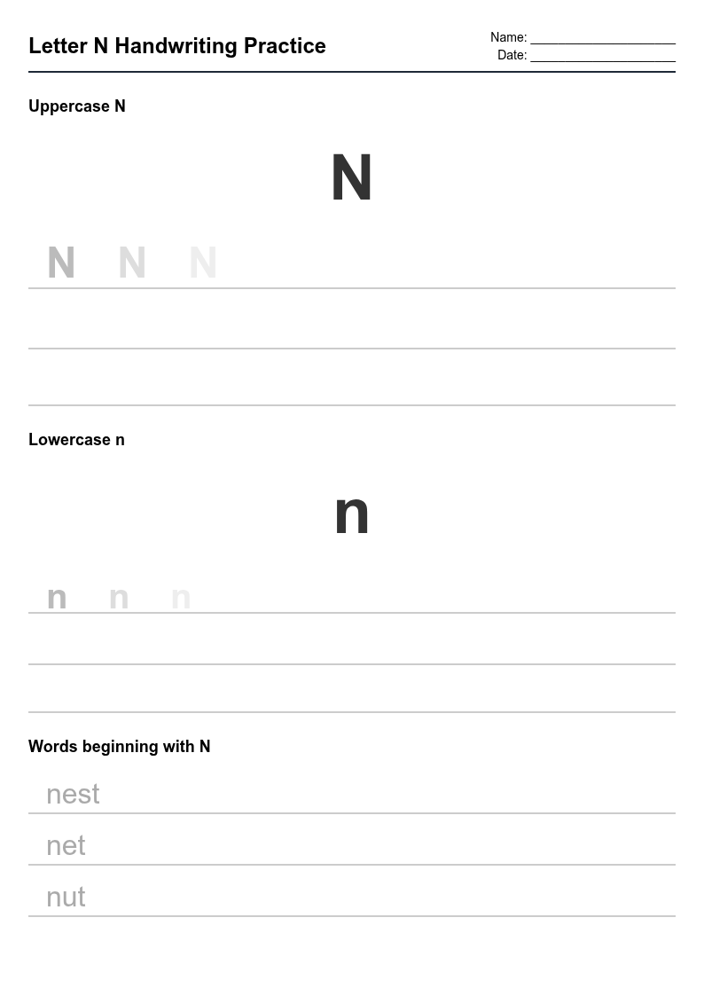 Letter N Handwriting Practice